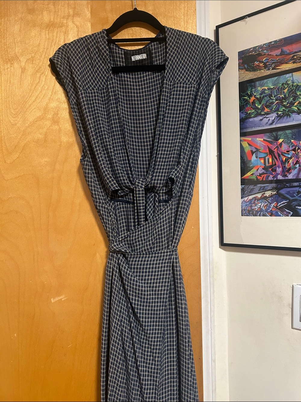 Reformation Navy Check Tie-Waist Maxi Dress